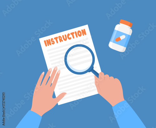 Reading the instructions for medicines or supplements. Hand with magnifying glass, paper instruction and a jar with pills. Vector illustration in flat style