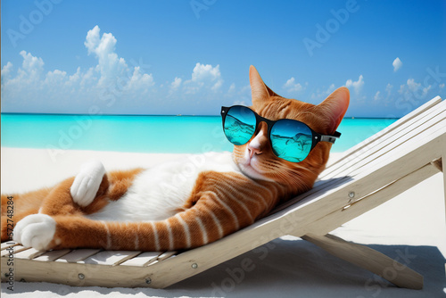 Cat on the beach orange Tom with sunglasses, enjoying the best white sand beaches in the world with the blue ocean, relaxing in a sun chair, traveling and on vacation. Image created with Generative 