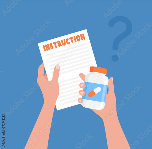 Hands holding paper instruction and a jar with medicine or vitamins. Vector illustration in flat style