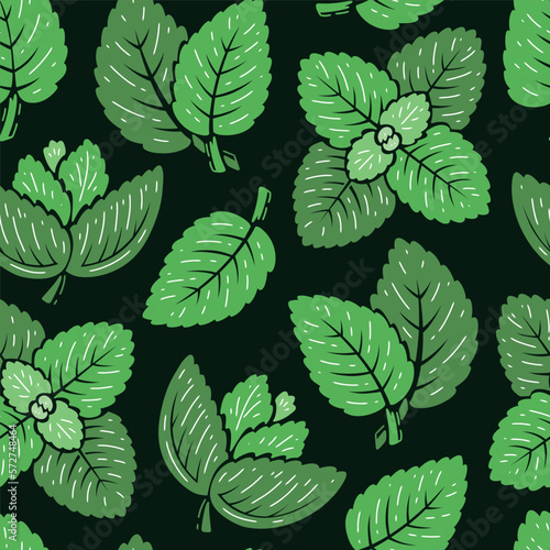 Peppermint Green Leaves Seamless Pattern. Floral Background with Fresh Mint Leaf. Medicinal Plants and Spicy Herbs. Vector illustration.