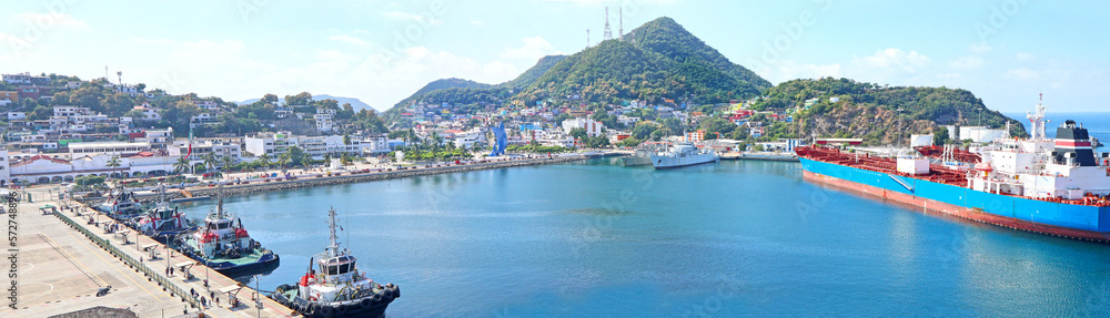 Panoramic View of Manzanillo city , tropical Colima, Mexico. Waterfront Harbour Pier at Cruise ship terminal.