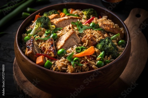 A bowl of fried rice with chicken, vegetables and teriyaki sauce