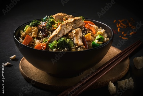 A bowl of fried rice with chicken, vegetables and teriyaki sauce