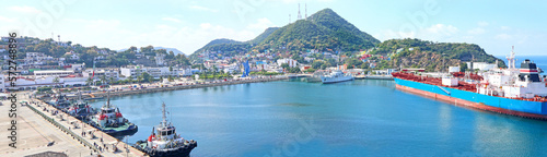 Panoramic View of Manzanillo city , tropical Colima, Mexico. Waterfront Harbour Pier at Cruise ship terminal. photo