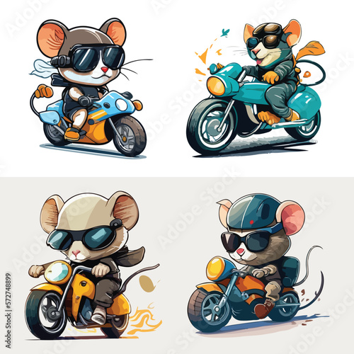 Set of Cool mouse wearing sunglasses riding a motorcycle with vector illustration, white background
