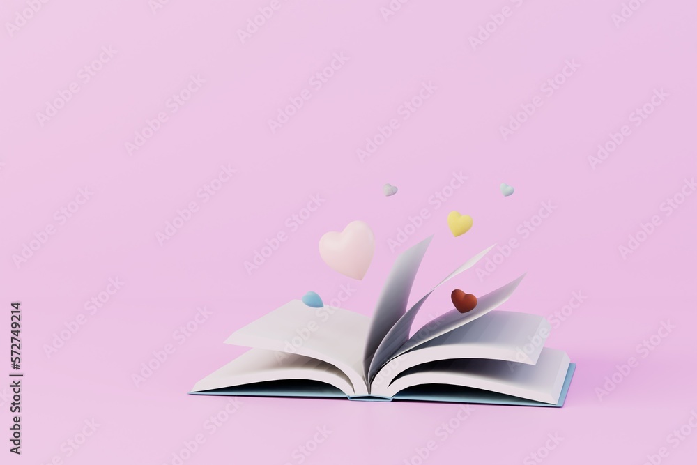reading romance novels. an open book from which hearts fly out. 3D render reading romance novels. an open book from which hearts fly out. 3D render