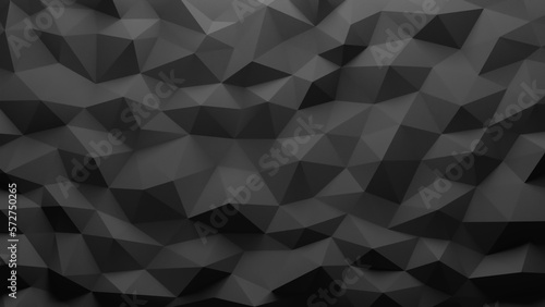 The dark background is made of rough triangular shapes, the lighting is a smooth gradient. 3D render.