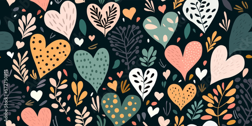 Flowers and hearts, hand drawn seamless pattern. Used for printing on the surface, fabric, wallpaper, notebooks, packaging. Vector.