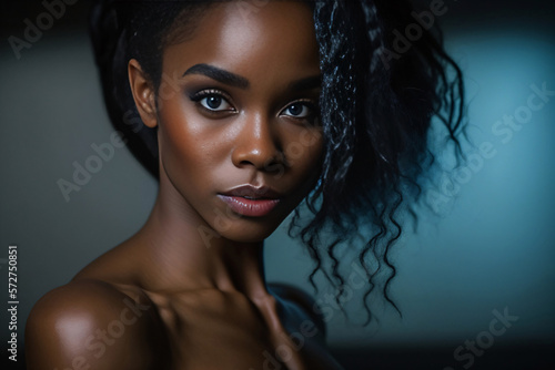 Portrait of black ebony beauty woman with amazing hair. Generative ai. photo