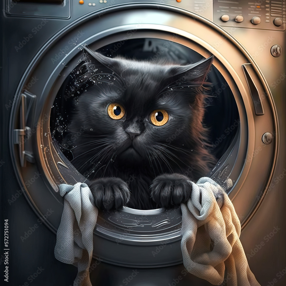 cat in machine, Fabulous big black cat is inside a front load washer