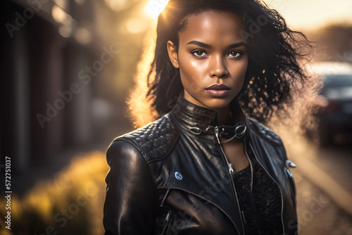 Ebony woman wearing black leather jacket and t-shirt. Generative ai.  photo