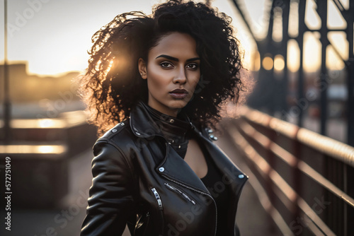 Canvastavla Ebony woman wearing black leather jacket and t-shirt