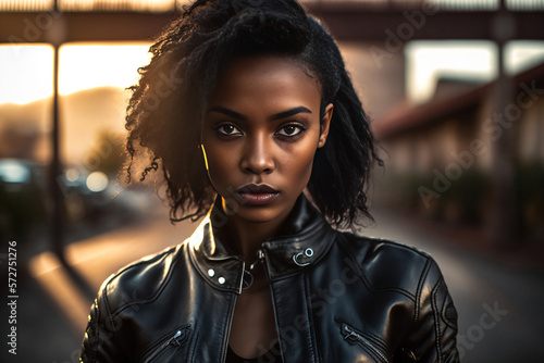 Ebony woman wearing black leather jacket and t-shirt. Generative ai. Stock  Illustration