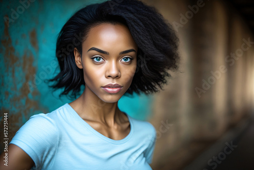 Ebony girl wearing white T-Shirt. Generative ai