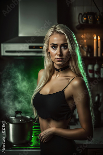 Sexy blonde girl cooking in kitchen. Generative ai