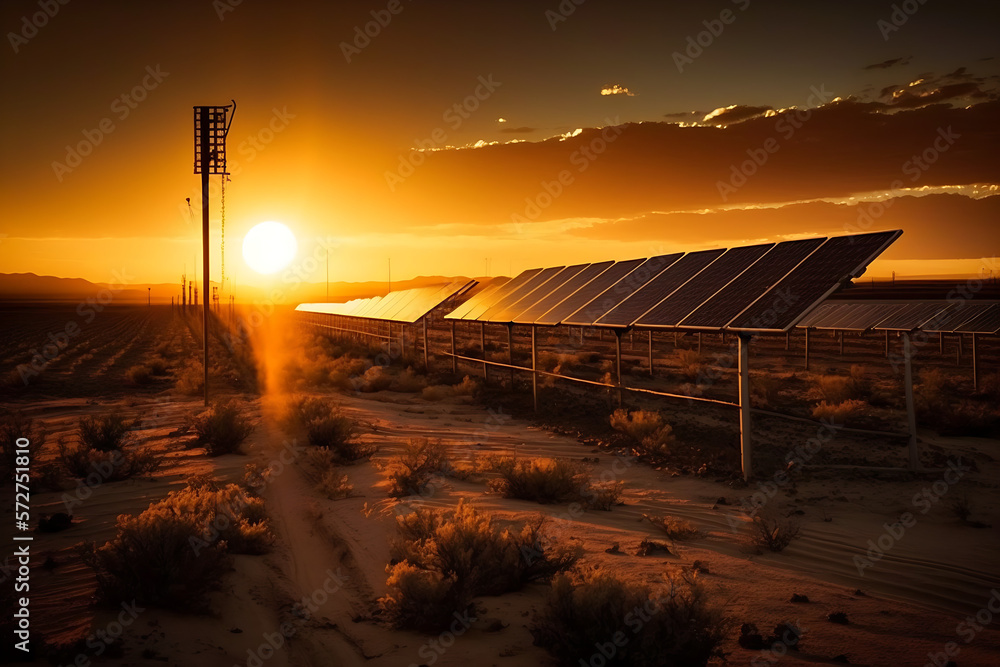 solar power station, sunset, renewable energy. Generative AI
