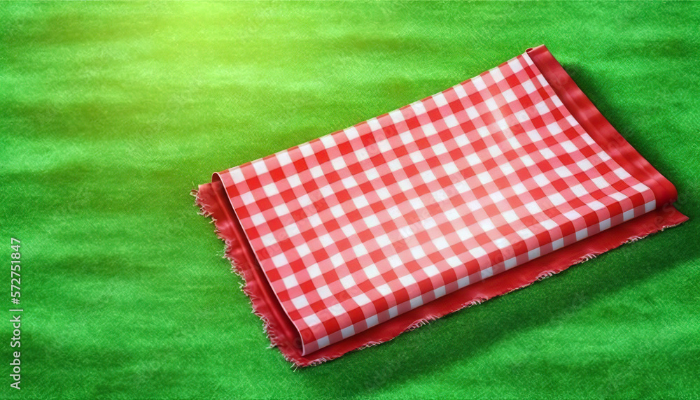 A folded red and white checkered cloth sits neatly on vibrant green grass. Warm sunlight casts a gentle glow, highlighting the picnic-ready setting.AI generated image. A folded red and white checkered cloth sits neatly on vibrant green grass. Warm sunlight casts a gentle glow, highlighting the picnic-ready setting.AI generated image.