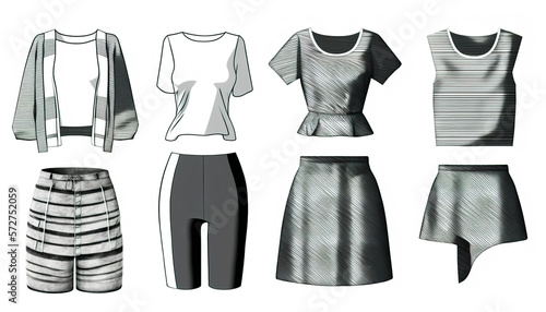 Women s clothing collage. Women s clothing fashion clothes set isolated on white background. AI generated image.