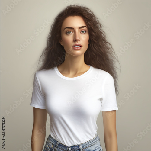 Generative AI Illustration of a young woman dressed in white t-shirt 