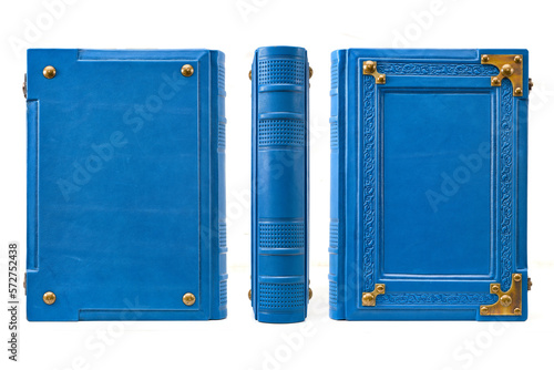 Blue leather book captured from three sides and joined to a single, very high resolution picture. Precise and high quality made book cover in unique way. . 
