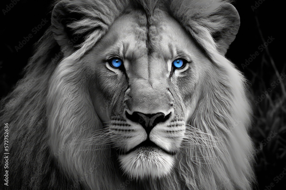 black and white lion head portrait with blue eyes made with generative ai