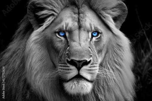 black and white lion head portrait with blue eyes made with generative ai
