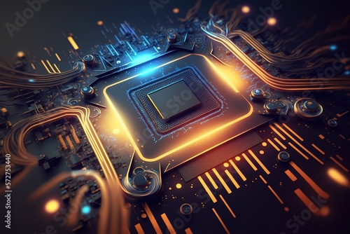 Futuristic microchip processor. Quantum computer, big data processing, database concept. Development of technologies of the future CPU and microprocessors for machine learning, ai