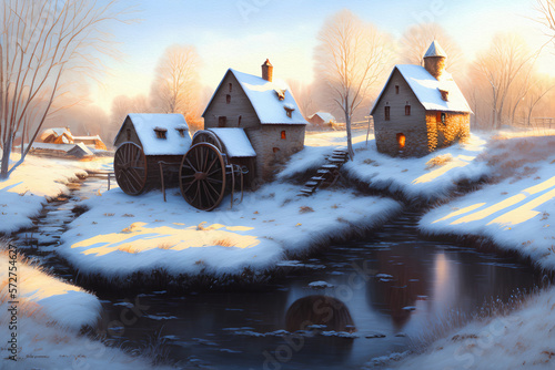 Water Mill in Winter, Oil Paint, Generative AI Illustration