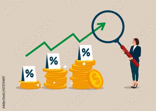 Businesswoman hold magnifying with pile of coins symbol. Interest rate hike due to inflation percentage rising up. Flat vector illustration. 