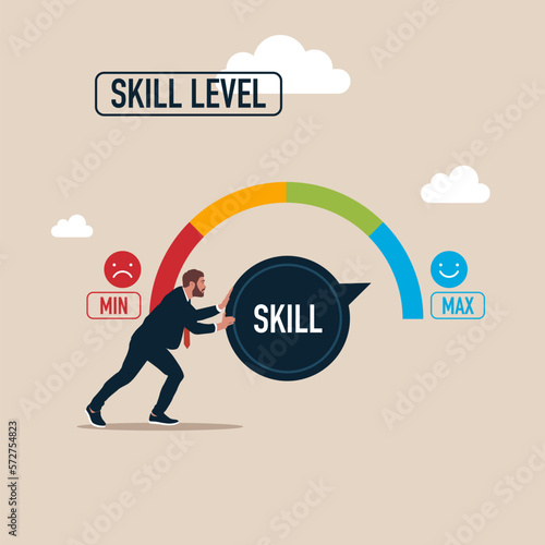 Businessman pushing progress bar up to maximum position. Increasing Skills Level. Flat vector illustration