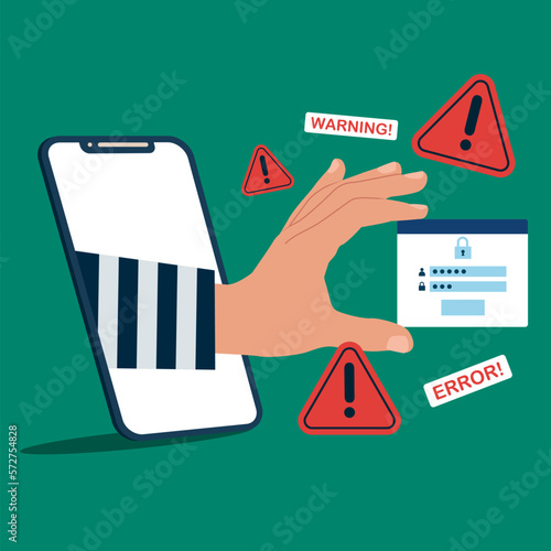 Cyber attack security, data stealing on phone with warning message alert, phishing activity on internet access. Modern vector illustration in flat style.