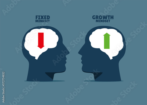 Human heads symbol with fixed mindset vs growth mindset. Modern vector illustration in flat style 