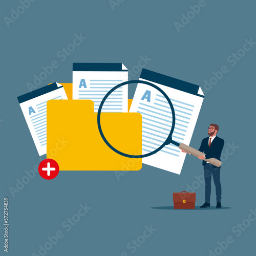 Businessman  holds magnifying glass and add files to big folder. Storage and indexing of information. User and data archive. Database, searching info.  Modern vector illustration in flat style.