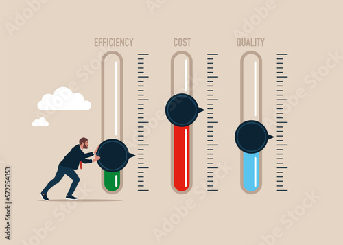 Level control и business cost optimization with a man adjust level for cost, efficiency and quality. Modern vector illustration in flat style.