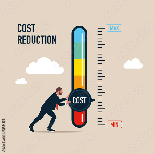 Businessman turning cost dial to a low. Cost reduction and efficiency. Modern vector illustration in flat style 