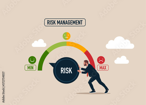 Businessman manage risk, lowest risk with switch button pointing to blue indicator.  Modern vector illustration in flat style 