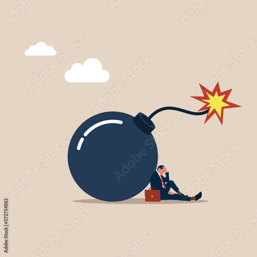 Young stressed unhappy businessman sitting on bomb feeling unsafe and despair.   Modern vector illustration in flat style 
