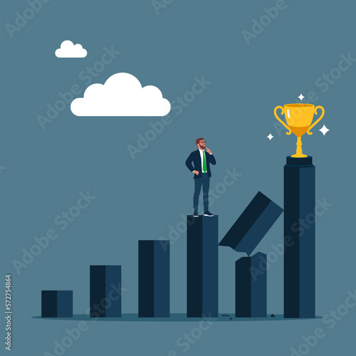 Businessman standing and thinking to reach the trophy symbol to achieve a goal. Modern vector illustration in flat style 