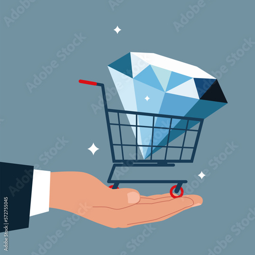 Diamond in shopping cart in businessman hand. Bargain business deal for buyer and seller. Best price shopping. Jewelry. Flat vector illustration.