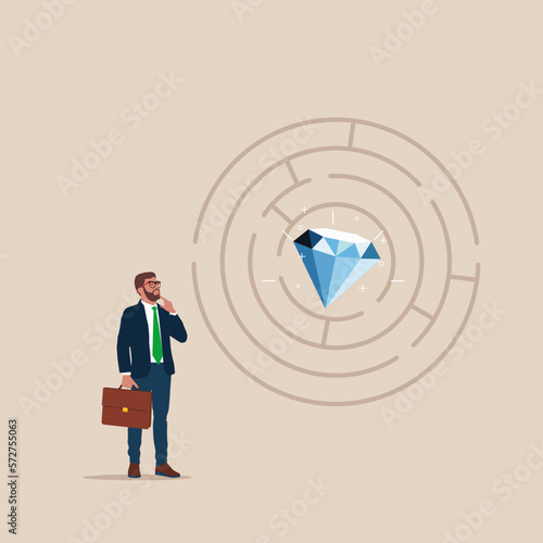 Smart businessman wanting to enter a diamond maze. Profit from the stock market or investment. Modern vector illustration in flat style 