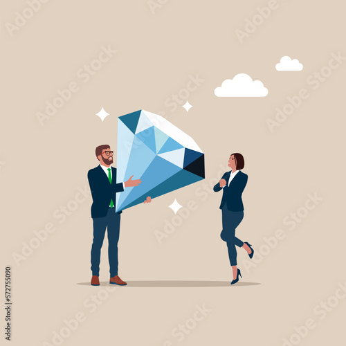 Male give huge diamond to woman. Concept of anniversary, love, valentine. Jewelry. Family gift. Modern vector illustration in flat style 
