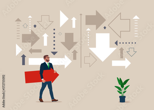 A businessman is looking for his way. Uncertainty. Searching a path. Choice of direction. Business vision. Modern vector illustration in flat style 