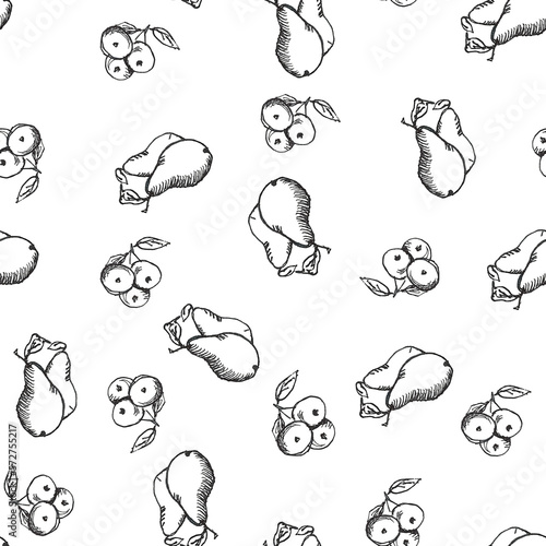 A grocery pattern of hand-drawn fruits of various sizes on a white background.