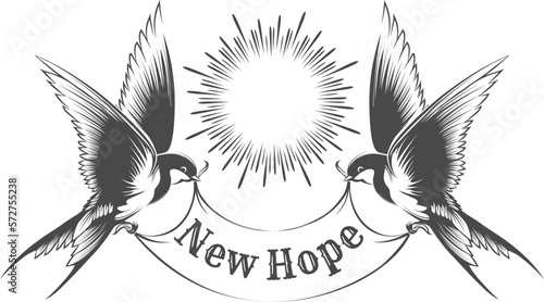 Two Swallow Birds Holds Banner with Wording New Hope Tattoo