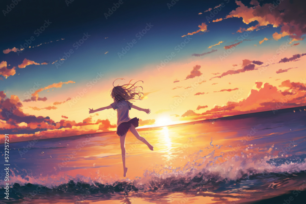 silhouette of a girl jumping on the beach at sunset time, Generative AI