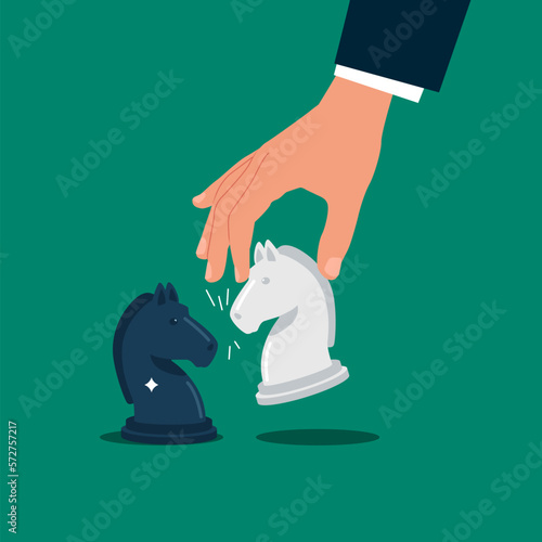 Strategist holding in hand chess figure white horse. Business strategy. Modern vector illustration in flat style