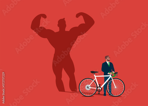 Businessman with bike dreams of becoming a bodybuilding. Confident handsome young man standing bodybuilding shadow concept illustration.