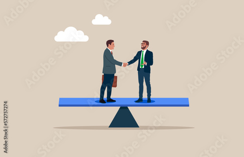 Businessman handshake with success negotiation over balance seesaw. Negotiation for business, agreement, merger and acquisition. Flat vector illustration.