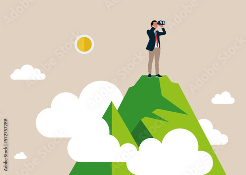 Businessman searching for success, standing on top of the mountain using binoculars looking for success, Concept business, Vector illustration flat