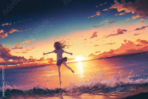 silhouette of a girl jumping on the beach at sunset time, Generative AI